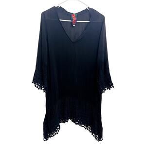 Johnny Was Embroidered Black Navy Tunic Top Blouse‎ Crochet Lace Size XS Artsy